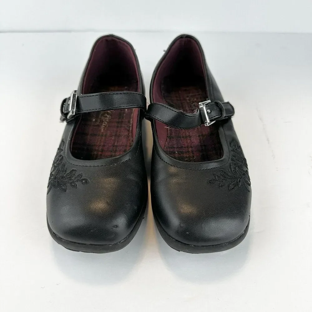 Self Esteem Black Flats Floral Design with Strap Burgundy Girls Sz 12.5M